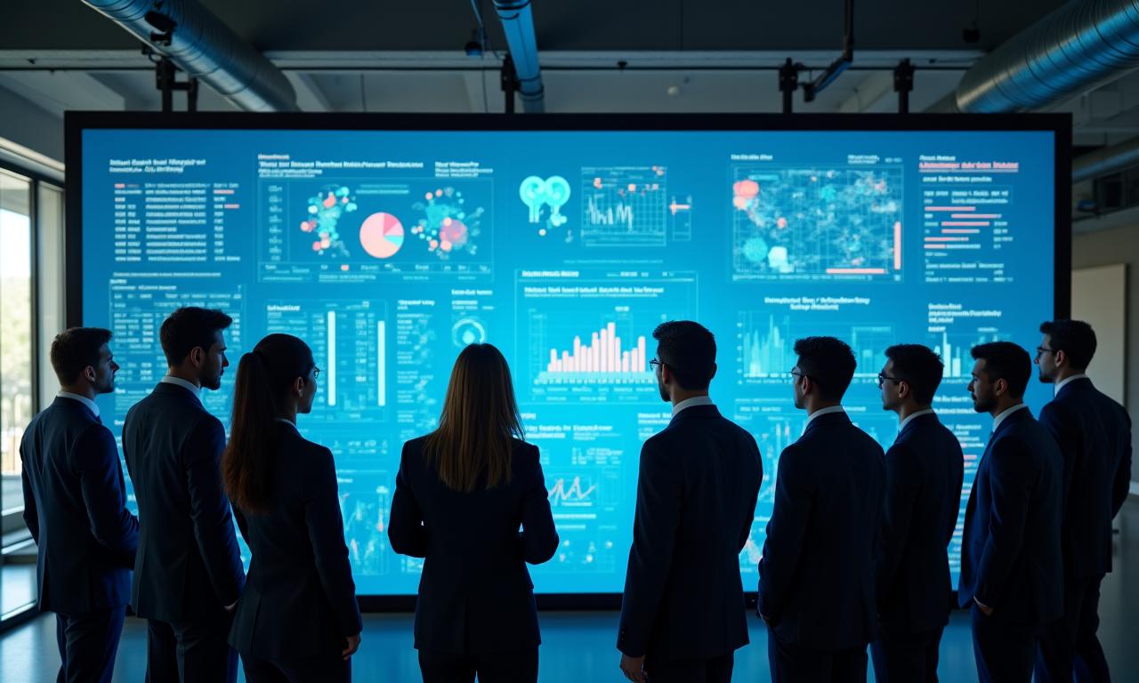 Team collaborating over a high-tech digital dashboard display